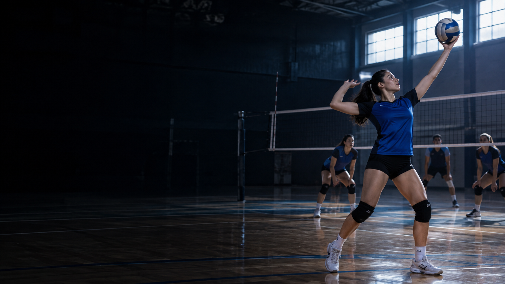 Escena ilustrativa de jóvenes entrenando voleibol en una cancha interior